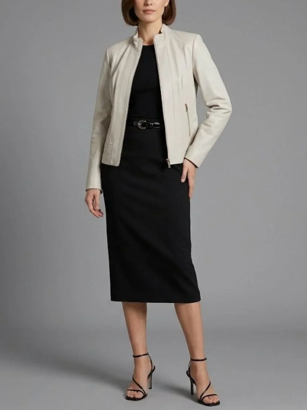 Wilsons Leather M Buttersoft Womens Slate White Clean Preppy Jacket Zip Pockets - Picture 11 of 16